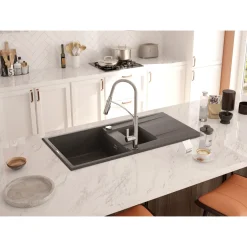 1,5 Becken Granitspüle ERIDAN mit Abtropffläch anthrazit metallic^deante