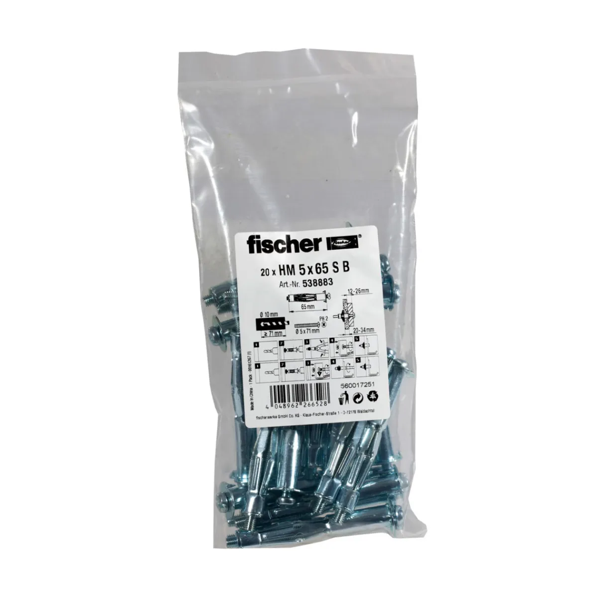 Hohlraum-Metalldübel HM 5 x 65 mm mit Schraube 20 Stück*Fischer Outlet