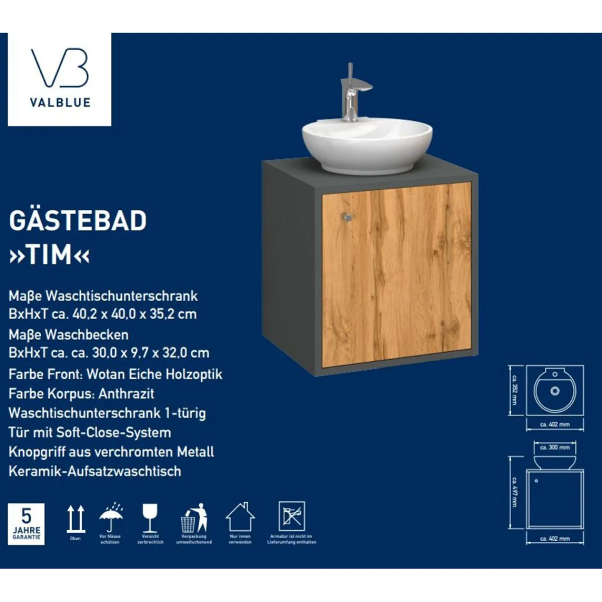 Gaeste-Waschbeckenunterschrank Tim, Farbe: anthrazit/Wotan, Eiche, 1 Tür, inkl. Keramik-AWT, B40cm