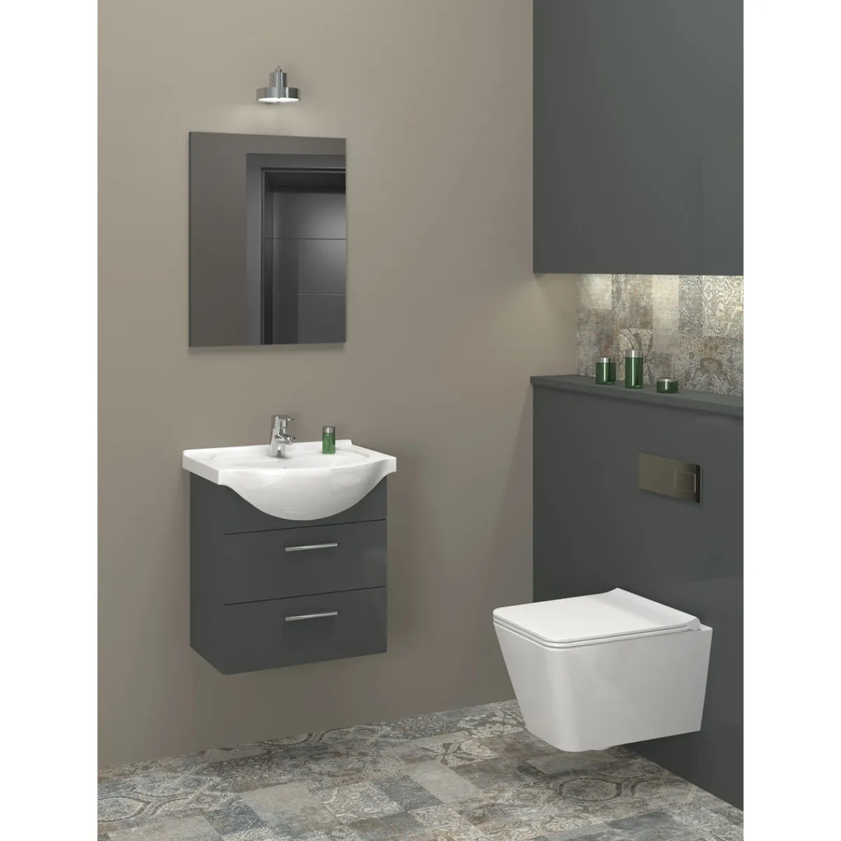 Gäste Waschbeckenunterschrank Mika, anthrazit, inkl. Keramikbecken, 2 Auszüge, B51cm