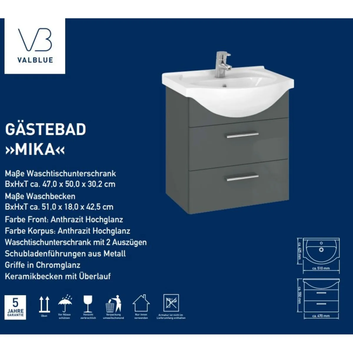 Gäste Waschbeckenunterschrank Mika, anthrazit, inkl. Keramikbecken, 2 Auszüge, B51cm