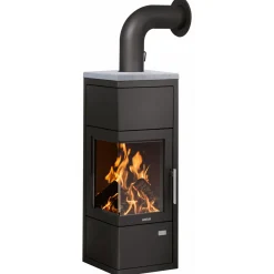 Justus Kaminofen Diego Wärme PLUS StahlSchwarz mit Abdeckplatte Speckstein