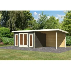 Blockbohlenhaus Radeburg 2 terragrau mit Anbaudach und Rückwand*Karibu Outlet