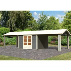 Blockbohlenhaus Theres 7 terragrau mit 2 Dachausbauelementen*Karibu Clearance