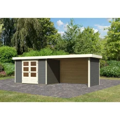 Gartenhaus Askola 4 terragrau mit Anbaudach und Seiten*Karibu Discount