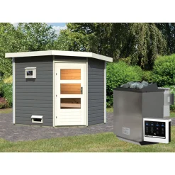 Saunahaus- Set „Mikka“ terragrau mit Ofen 9 kW Bio ext. Steuerung*Karibu New