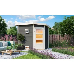 Karibu Saunahaus- Set „Mikka“ terragrau mit Ofen 9 kW ext. Steuerung