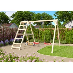 Karibu Doppelschaukel Felix mit Klettergerüst und Netzrampe naturbelassen