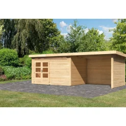 Gartenhaus-Set Kandem 7 mit Anbaudach 2,95 m mit Seiten- und Rückwand naturbelassen*Karibu Sale