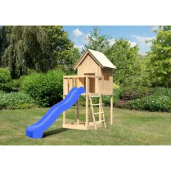 Karibu Kinderspielhaus Frieda mit Anbau und Rutsche naturbelassen