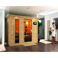Massivholzsauna Sonara 3 40 mm 9 kW Ofen Bio externe Strg mit Kranz*Karibu New