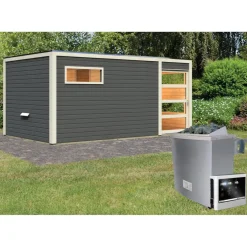 Karibu Saunahaus Hygge 38 mm 9 kW Ofen externe Strg Klarglas-Tür terragrau