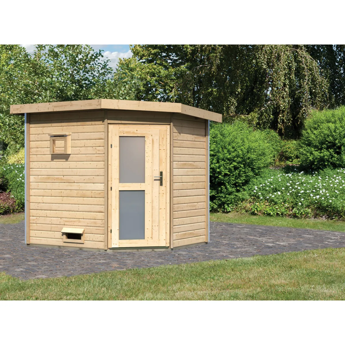 Saunahaus Mikka 38 mm ohne Ofen Milchglastür^Karibu Outlet