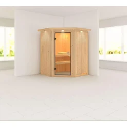 Karibu Systemsauna Larin 68 mm ohne Ofen mit Kranz