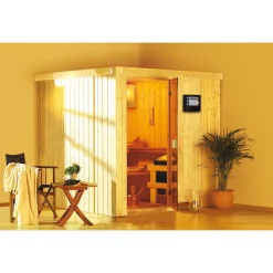 Karibu Systemsauna Rodin 68 mm 9 kW Ofen Bio externe Strg mit Dachkranz