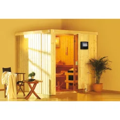 Karibu Systemsauna Rodin 68 mm 9 kW Ofen Bio externe Strg mit Dachkranz