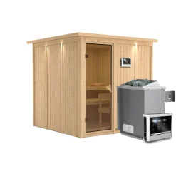 Karibu Systemsauna Rodin 68 mm 9 kW Ofen externe Strg mit Dachkranz