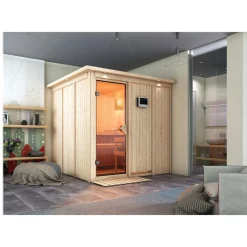 Karibu Systemsauna Rodin 68 mm 9 kW Ofen externe Strg mit Dachkranz