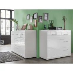 Kommode Adison Fronten in Hochglanz mit Rillenfräsung 96 x 86 x 40 cm weiß^ Sale