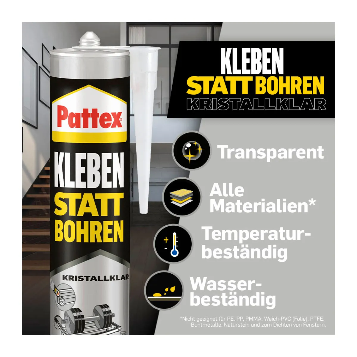 Pattex Montageklebstoff Kleben statt Bohren Kristallklar 290 g