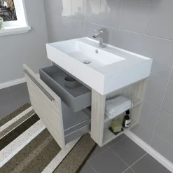 Progetto Idea Stella Badmöbel DOMUS 80 Ulme creme mit Spiegelschrank und Lampe