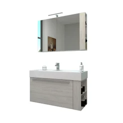 Badmöbel DOMUS 100 Ulme creme mit Spiegelschrank und Lampe^Progetto Idea Stella Online