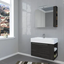 Progetto Idea Stella Badmöbel DOMUS 80 Ulme onyx mit Spiegelschrank und Lampe