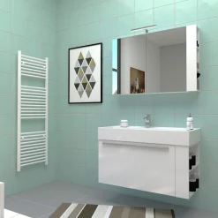 Badmöbel DOMUS 100 weiß mit Spiegelschrank und Lampe*Progetto Idea Stella Hot