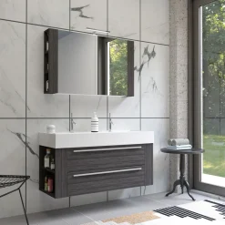 Badmöbel DOMUS 120 Ulme onyx mit Spiegelschrank und Lampe^Progetto Idea Stella Sale