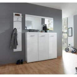 Schuhschrank Adison Fronten in Hochglanz mit Rillenfräsung 134 x 120 x 36 cm weiß