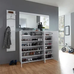 Schuhschrank Adison Fronten in Hochglanz mit Rillenfräsung 134 x 120 x 36 cm weiß