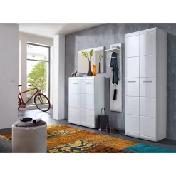 Schuhschrank Adison Fronten in Hochglanz mit Rillenfräsung 90 x 120 x 36 cm weiß