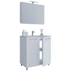 VCM Stand-Waschplatz 80 cm 3-teilig 2 Türen mit Spiegelschrank weiß