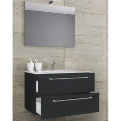 Waschplatz 80 cm 3-teilig 2 Schubfächer mit Spiegel schwarz*VCM Outlet