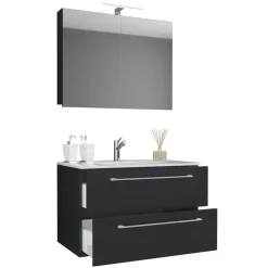 VCM Waschplatz 80 cm 3-teilig 2 Schubfächer mit Spiegelschrank schwarz