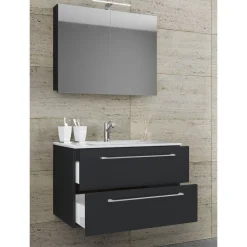 VCM Waschplatz 80 cm 3-teilig 2 Schubfächer mit Spiegelschrank schwarz