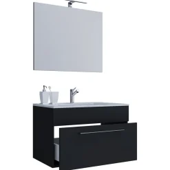 Waschplatz 80 cm 3-teilig 1 Schubfach mit Spiegel schwarz*VCM Online