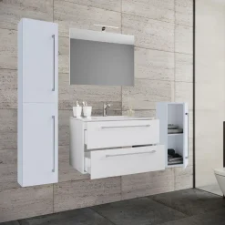 Waschplatz 80 cm 5-teiliges Set 2 Schubfächer mit Spiegel weiß^VCM Discount