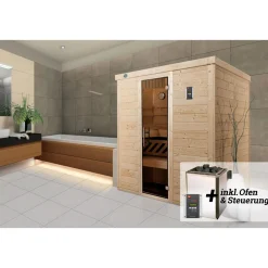 Premium Massivholz-Elementsauna Kemi Eck Größe 3 Sparset 7,5 kW OS*Weka