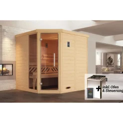 Premium Massivholz-Elementsauna Kemi Eck Größe 2 Sparset 7,5 kW Bio S*Weka Sale