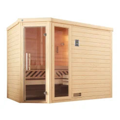 Weka Premium Massivholz-Sauna Turku Eck Größe 3 Sparset 7,5 kW OS Glastuer