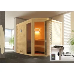 Premium Massivholz-Sauna Turku Eck Größe 3 Sparset 7,5 kW Bio S^Weka Best