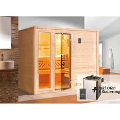 Premium Massivholz-Sauna Bergen Größe 3 Sparset 7,5 kW OS Glastuer*Weka Outlet