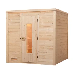 Premium Massivholz-Sauna Bergen Größe 1.8 Sparset 7,5 kW OS^Weka
