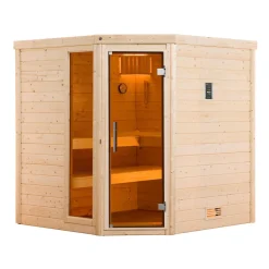 Premium Massivholz-Sauna TURKU Eck Größe 2 Sparset 7,5 kW OS Glastuer^Weka Outlet