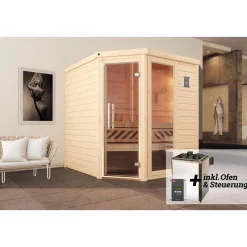 Premium Massivholz-Sauna TURKU Eck Größe 2 Sparset 7,5 kW OS Glastuer^Weka Outlet