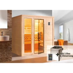 Premium Massivholz-Sauna Bergen Größe 2 Sparset 7,5 kW Bio S Glastuer^Weka New