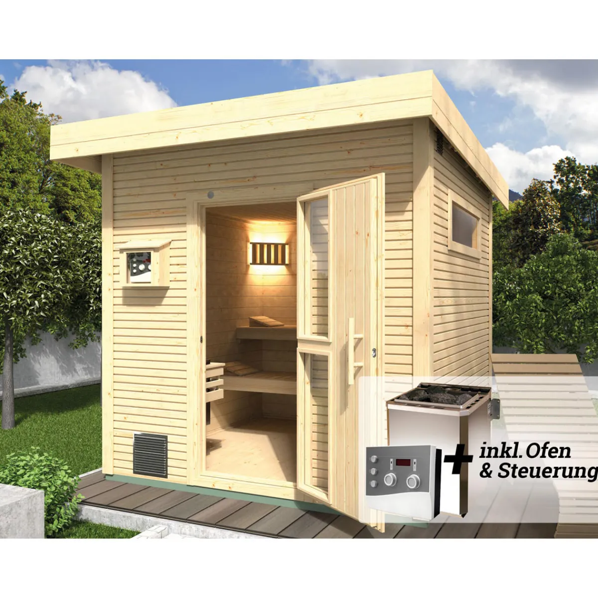 Saunahaus Naantali Sparset 9,0 kW Bio S inkl analoger Steuerung natur*Weka New