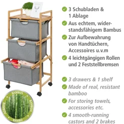 Haushaltswagen mit 3 Schubladen Bahari aus Bambus Wäschewagen aus Bambus*Wenko New