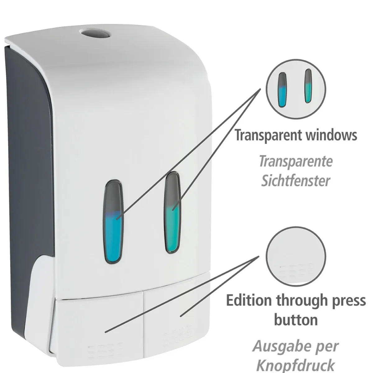 2-Kammer Desinfektionsmittel- und Seifenspender Tartas Weiß Seifen-Dosierer und Desinfektionsspender Füllmenge je Kammer 480 ml^Wenko Discount